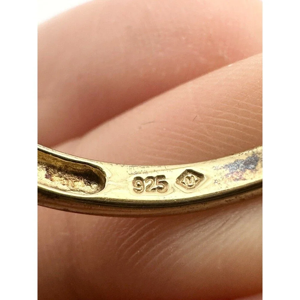 Vintage Sterling Silver Gold Vermeil Engraved Genuine Diamond Blue Stone Ring